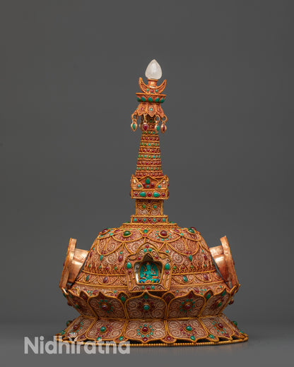 Lotus base Copper Stupa featuring Guru Rinpoche and Shakyamuni Buddha figures