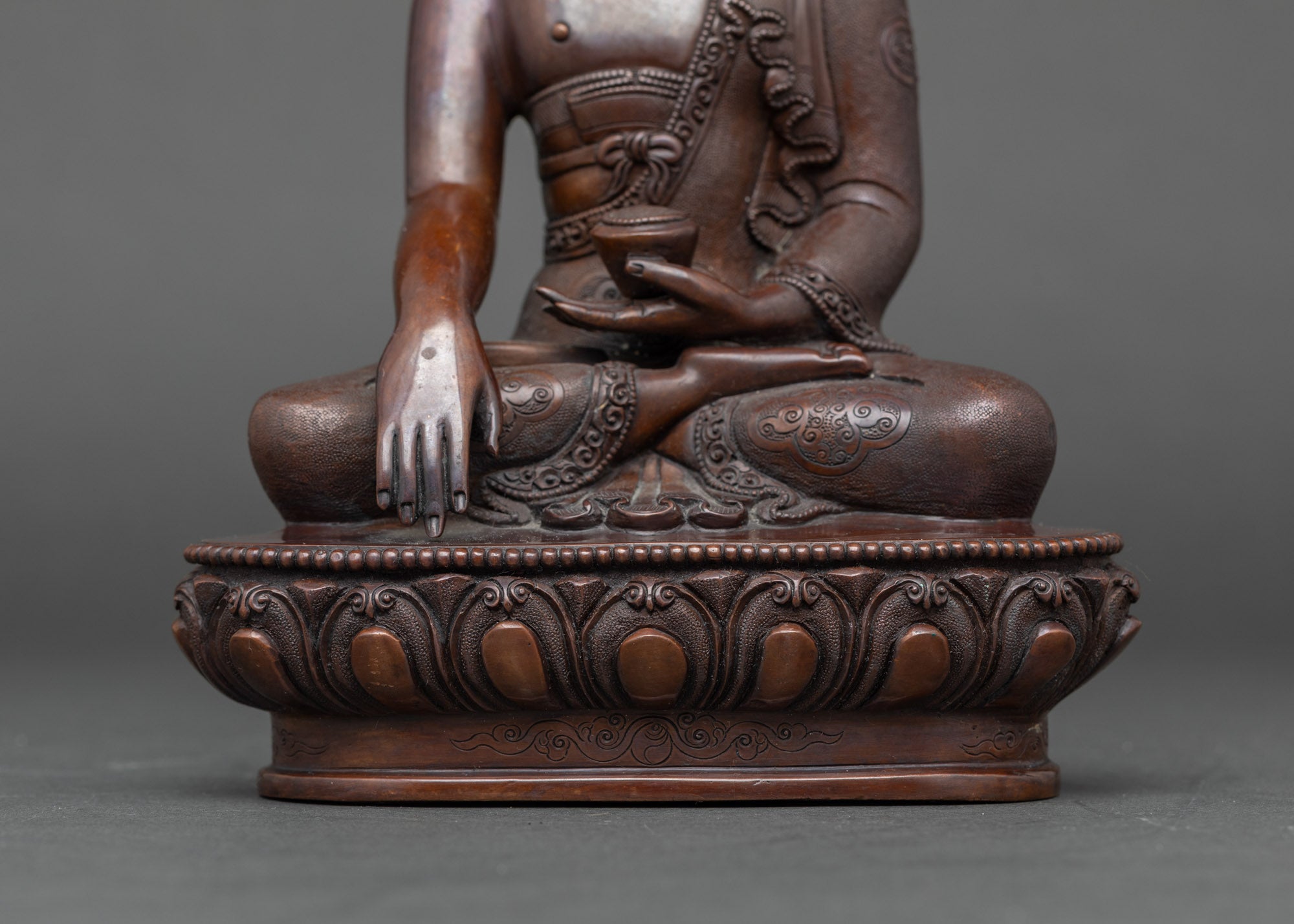 Lotus base and hand mudra view, Shakyamuni Buddha in earth-touching posture, meditation statue