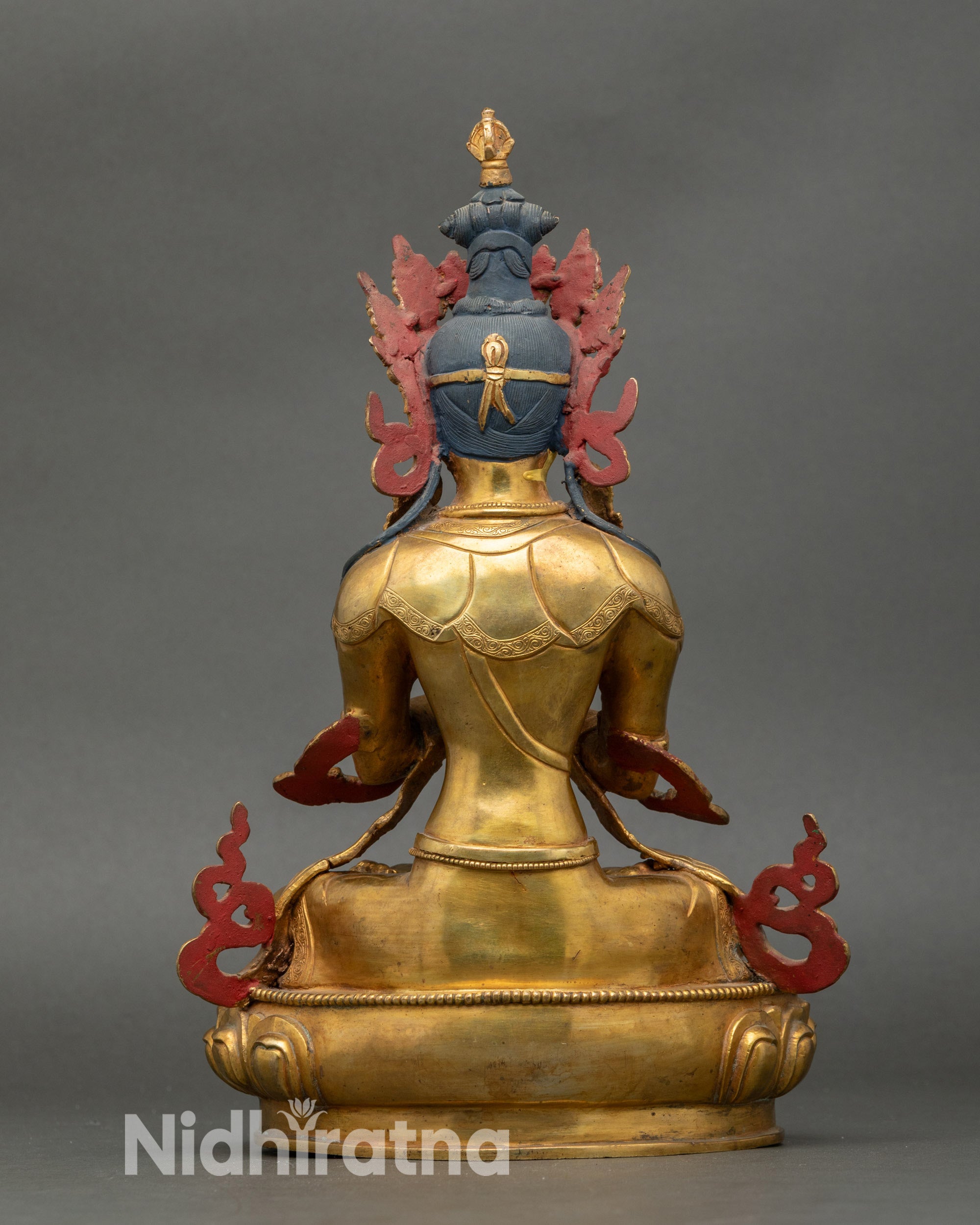 Lotus base detail of Vajradhara statue, fire gilded lost wax Nepal artwork