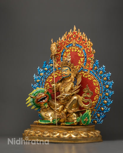 Lotus throne of Wealth Deity Namtoshe statue featuring hollow chamber for mantra recitation, surrounded by giant halo and rich acrylic colors.