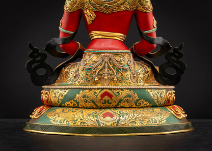 Lower back landscape view of Amitayus Buddha statue showing intricate carvings and semi-precious stones