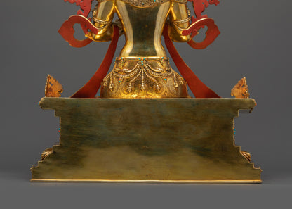 Lower landscape back Maitreya Buddha showing elaborate halo and celestial carvings
