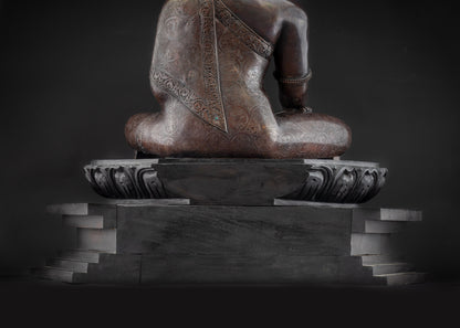 Lower landscape back Shakyamuni Buddha on lotus pedestal, sacred Buddhist statue