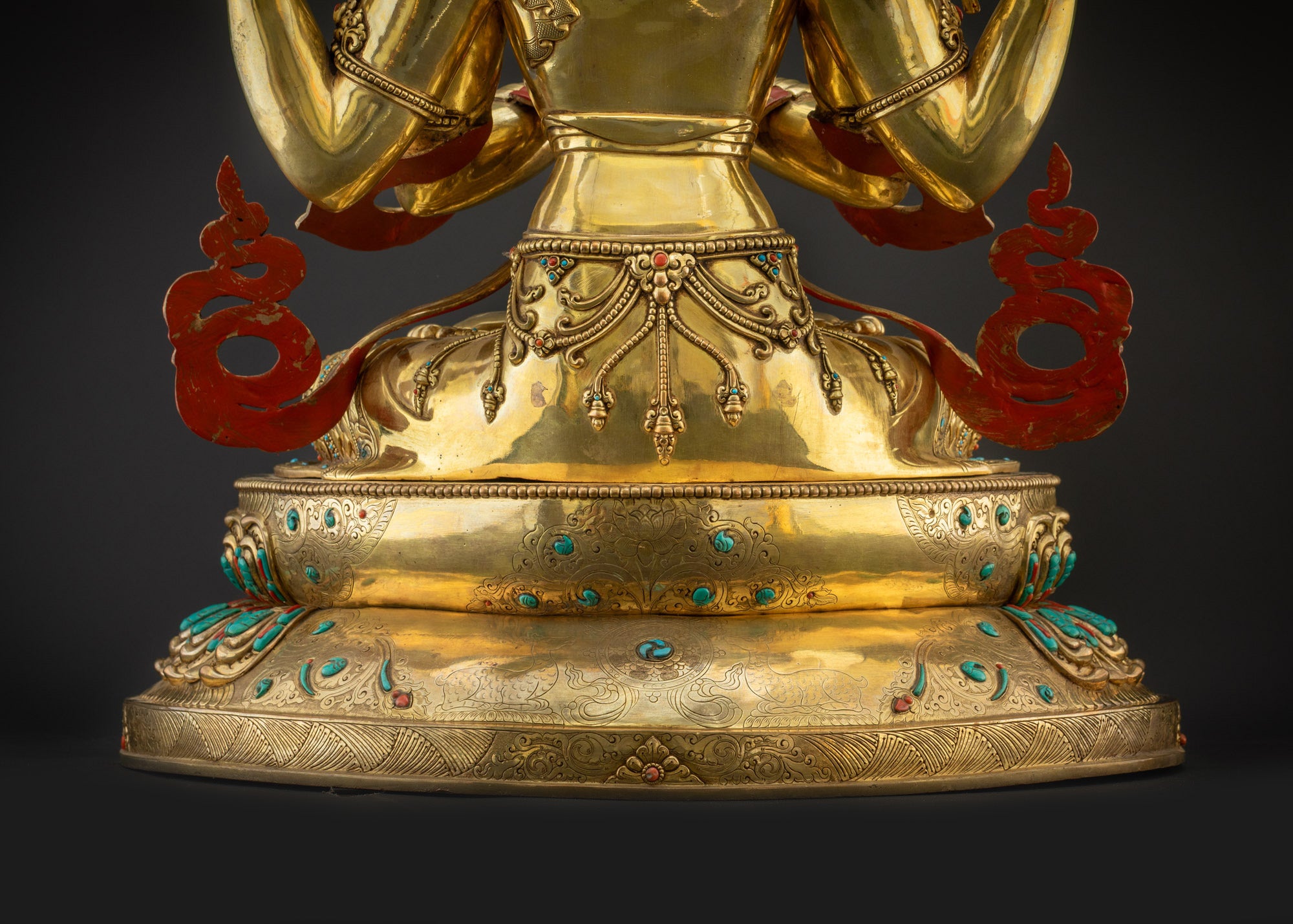 Lower landscape back view Avalokiteshvara lotus base dharma wheels and deers