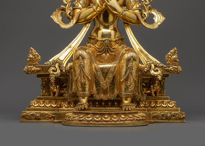 Lower landscape front Maitreya Buddha statue with lotus throne and golden halo