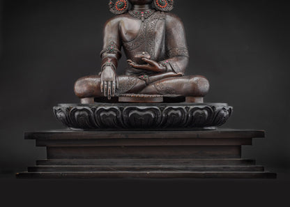 Lower landscape front Shakyamuni Buddha seated on lotus seat wooden throne decor
