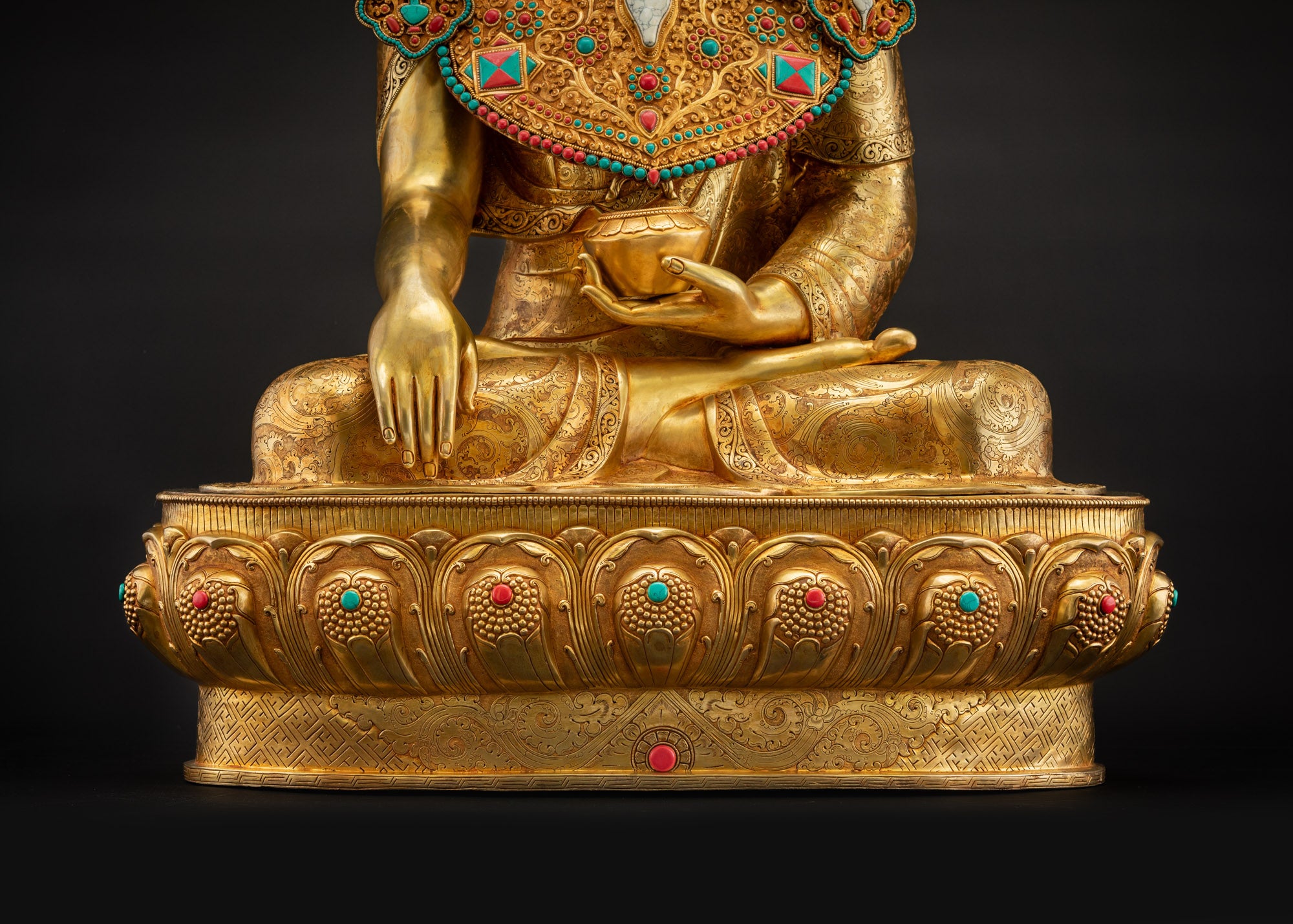 Lower landscape front Tibetan Buddha meditation statue seated on lotus Buddhist pedestal
