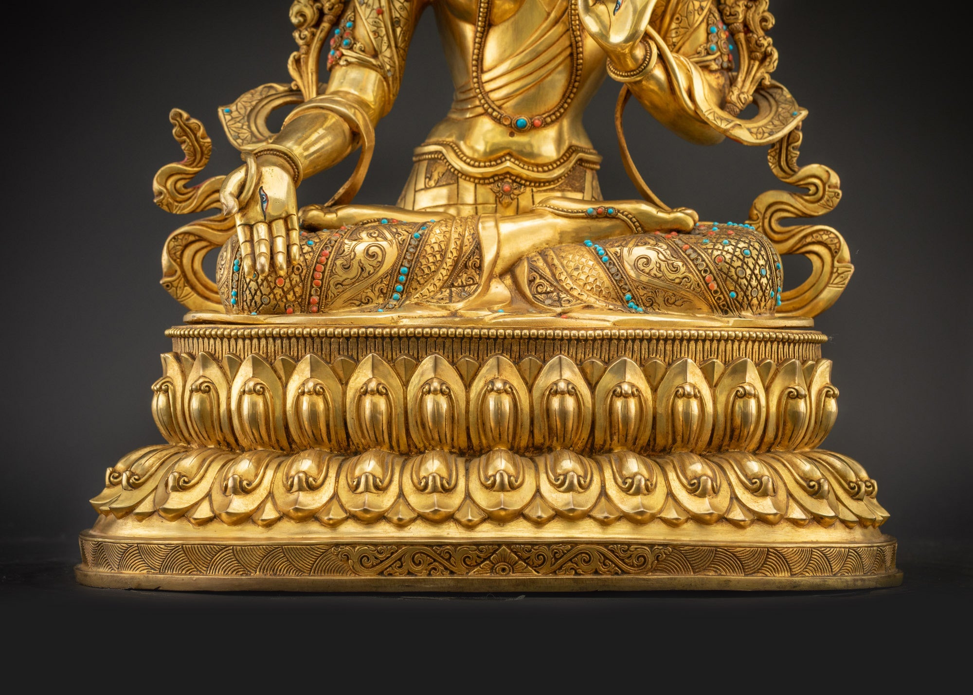 Lower landscape front White Tara statue full view meditation goddess copper base
