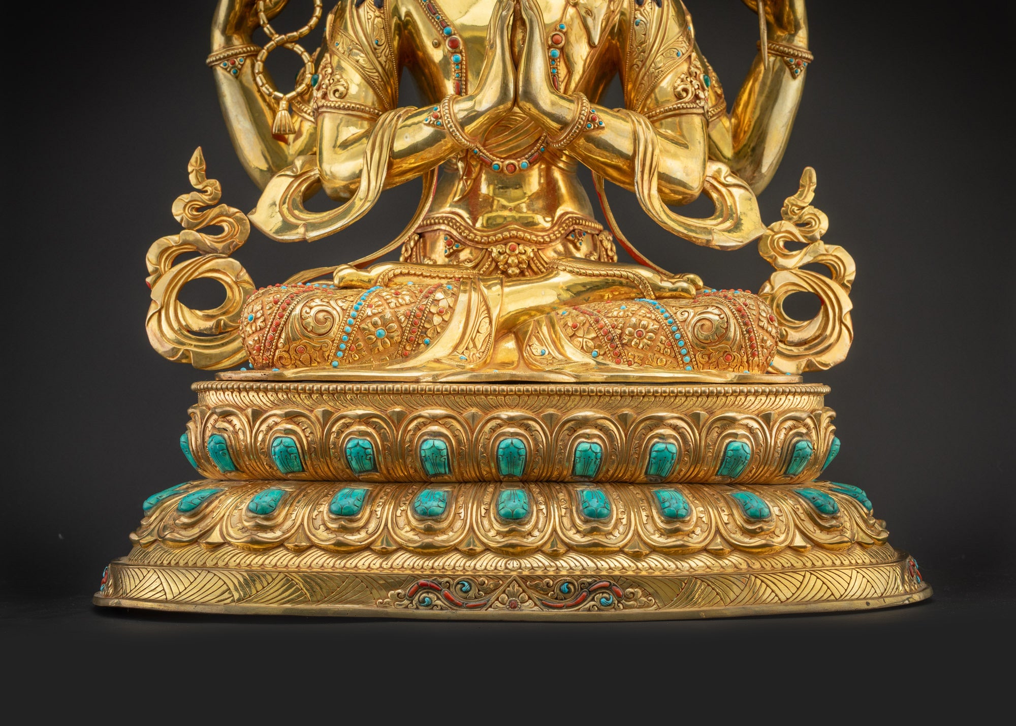 Lower landscape front view of Chenrezig Statue on double-layered lotus seat
