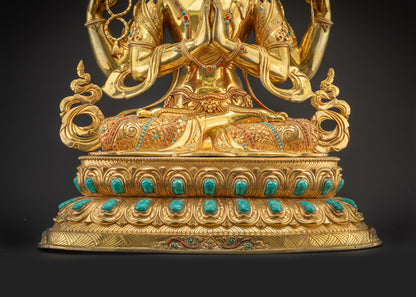 Lower landscape front view of Chenrezig Statue on double-layered lotus seat
