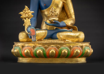 Lower landscape front view of Healing Medicine Buddha Statue seated on lotus base