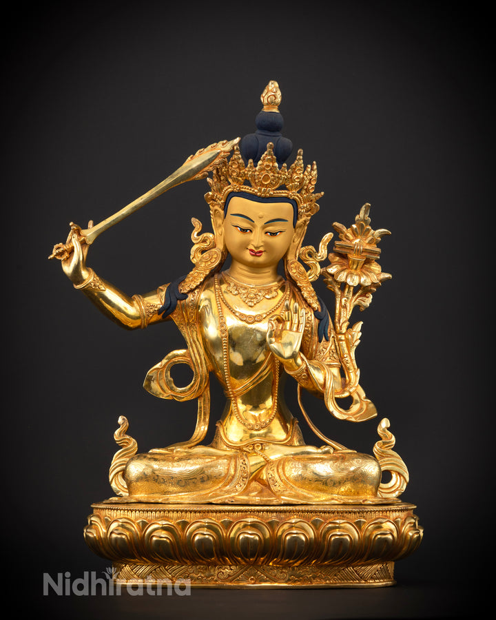 Manjushri Bodhisattva Statue in Gold Glided