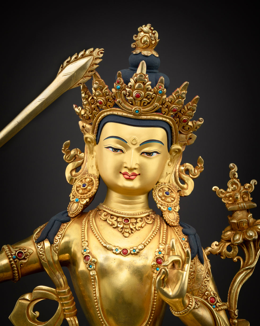 Beautiful Manjushri Statue gilded in Pure Gold : Bodhisattva of Wisdom