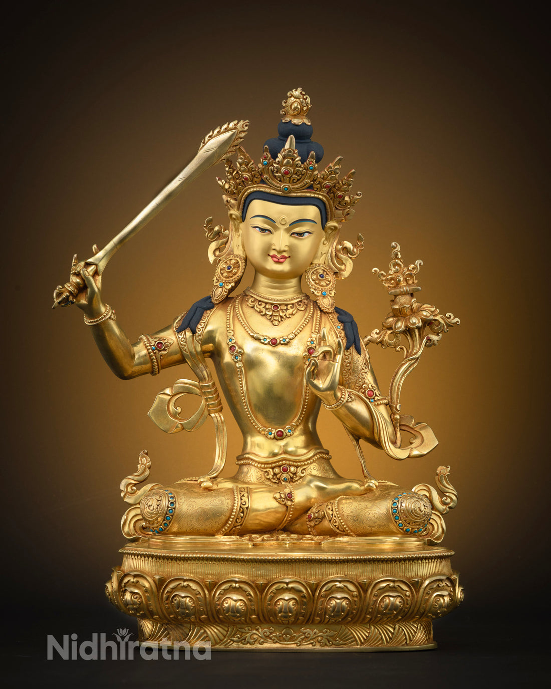 Beautiful Manjushri Statue gilded in Pure Gold : Bodhisattva of Wisdom