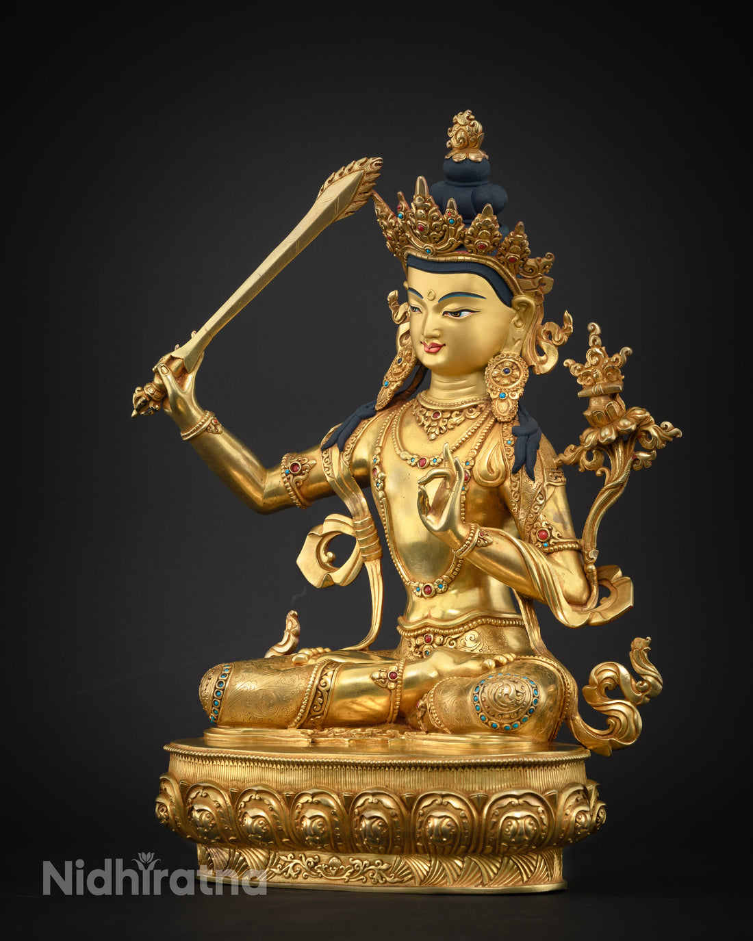 Beautiful Manjushri Statue gilded in Pure Gold : Bodhisattva of Wisdom