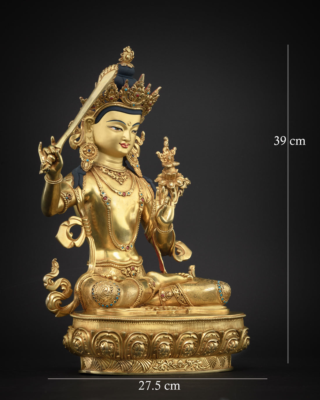 Beautiful Manjushri Statue gilded in Pure Gold : Bodhisattva of Wisdom