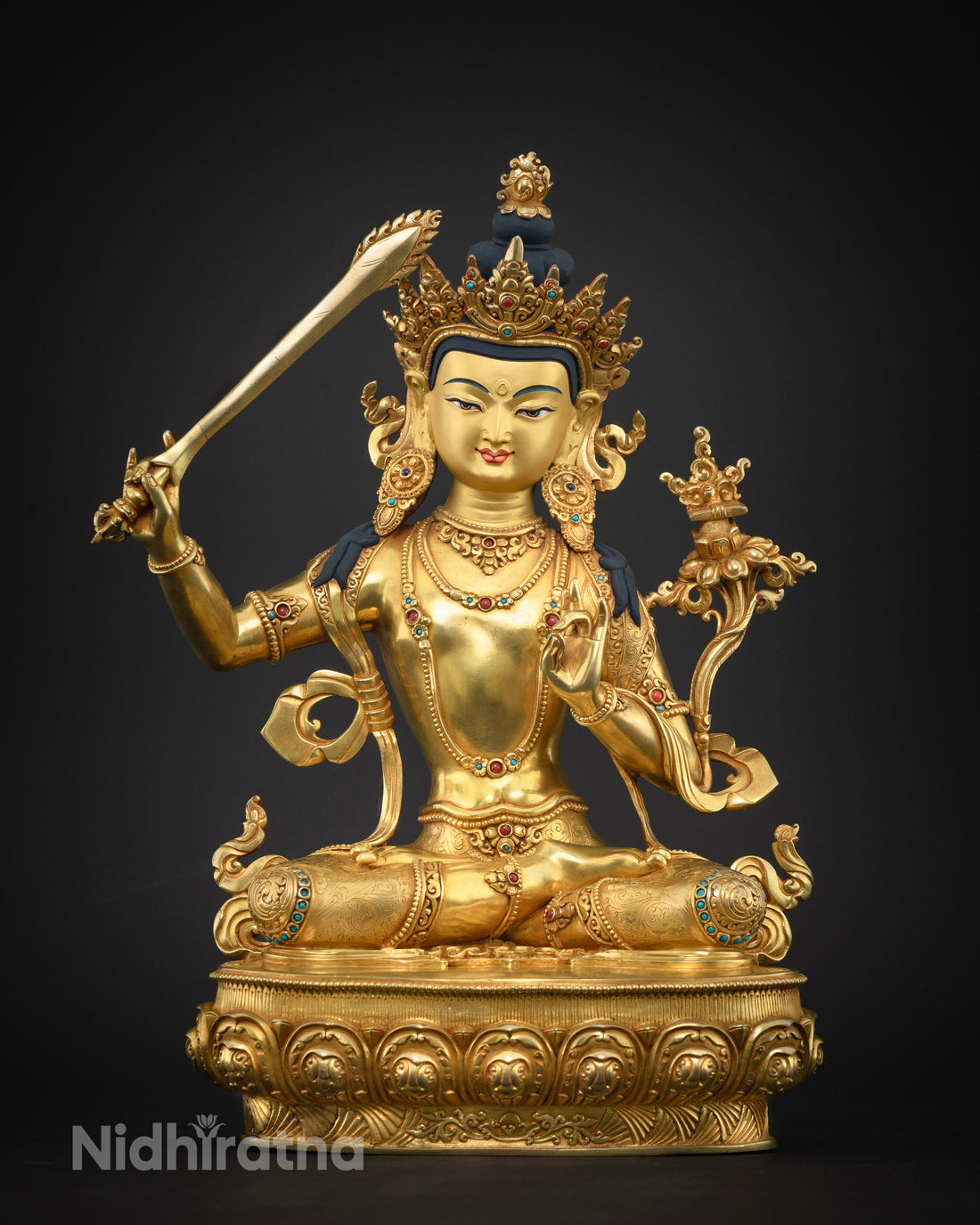 Beautiful Manjushri Statue gilded in Pure Gold : Bodhisattva of Wisdom