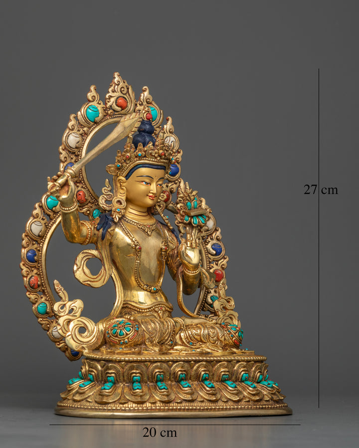 Manjushri Seated on a Lotus Throne with Gemstone Halo