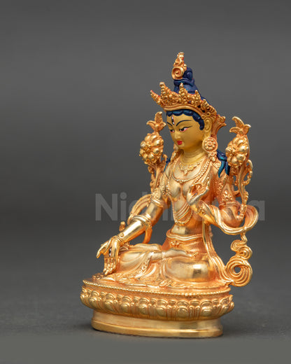 Machine-crafted White Tara Buddha holding Utpala lotus in left hand, varada mudra right