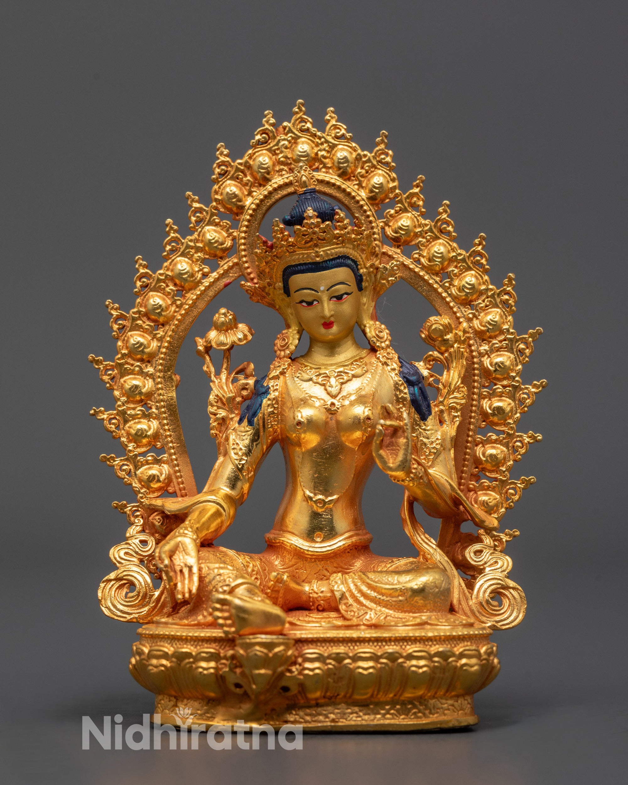 Machine-made Green Tara Statue from Nepal with 24k gold gilded copper seated on lotus base
