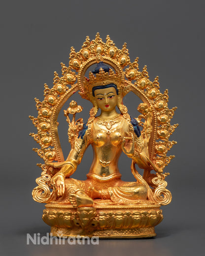 Machine-made Green Tara Statue from Nepal with 24k gold gilded copper seated on lotus base