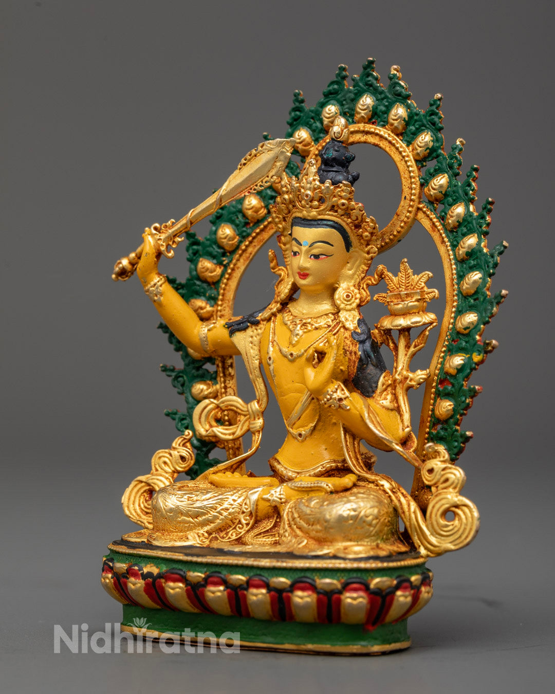 Machine-made Manjushri Bodhisattva statue with acrylic colors and electroplated body for spiritual decor