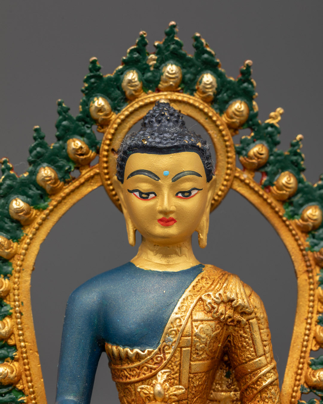 Machine-made Medicine Buddha sculpture featuring detailed carvings on robe uptala flower and Patra bowl for spiritual decor