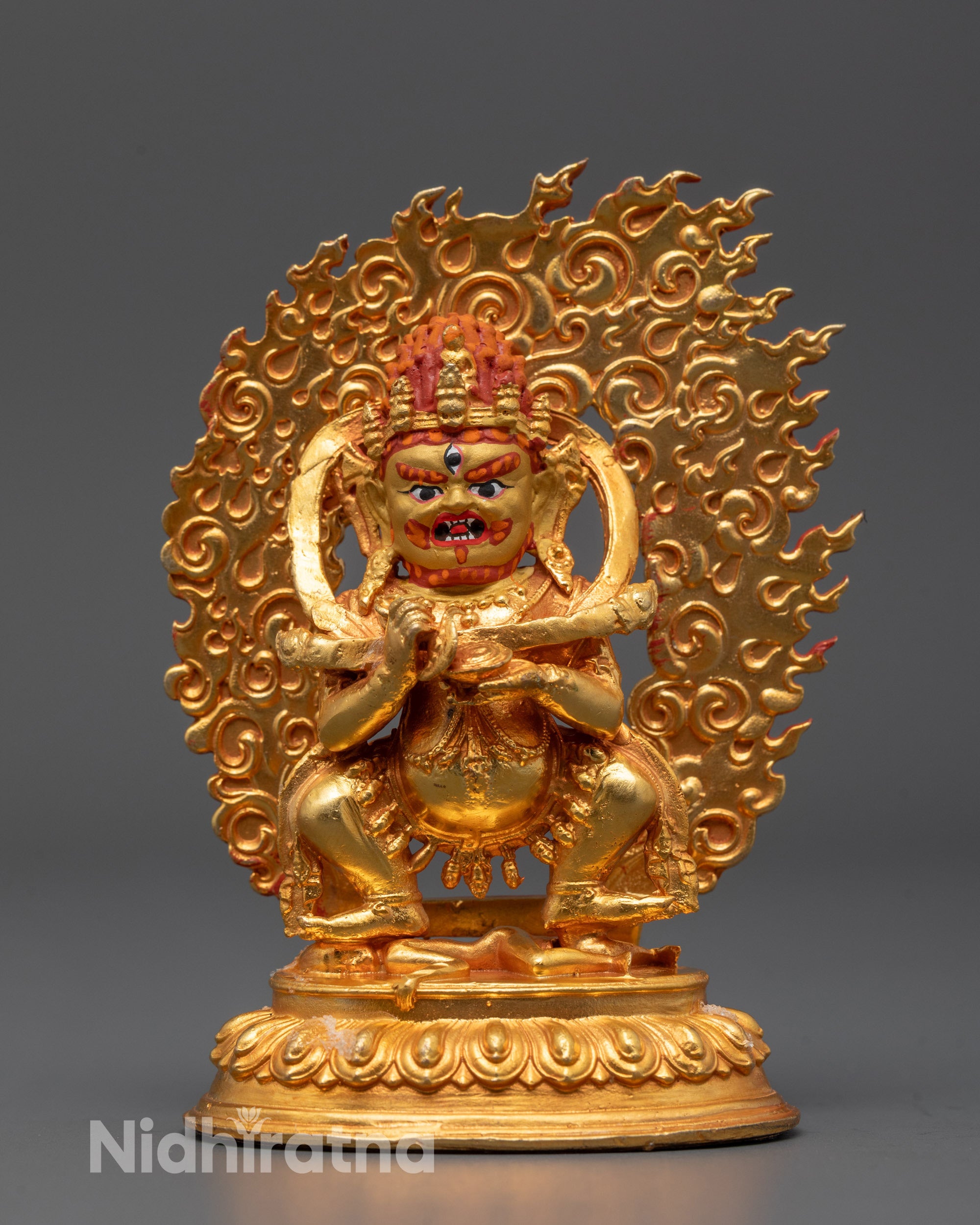 Machine-made Sakya Mahakala Statue with 24k gold plating showing fierce deity standing