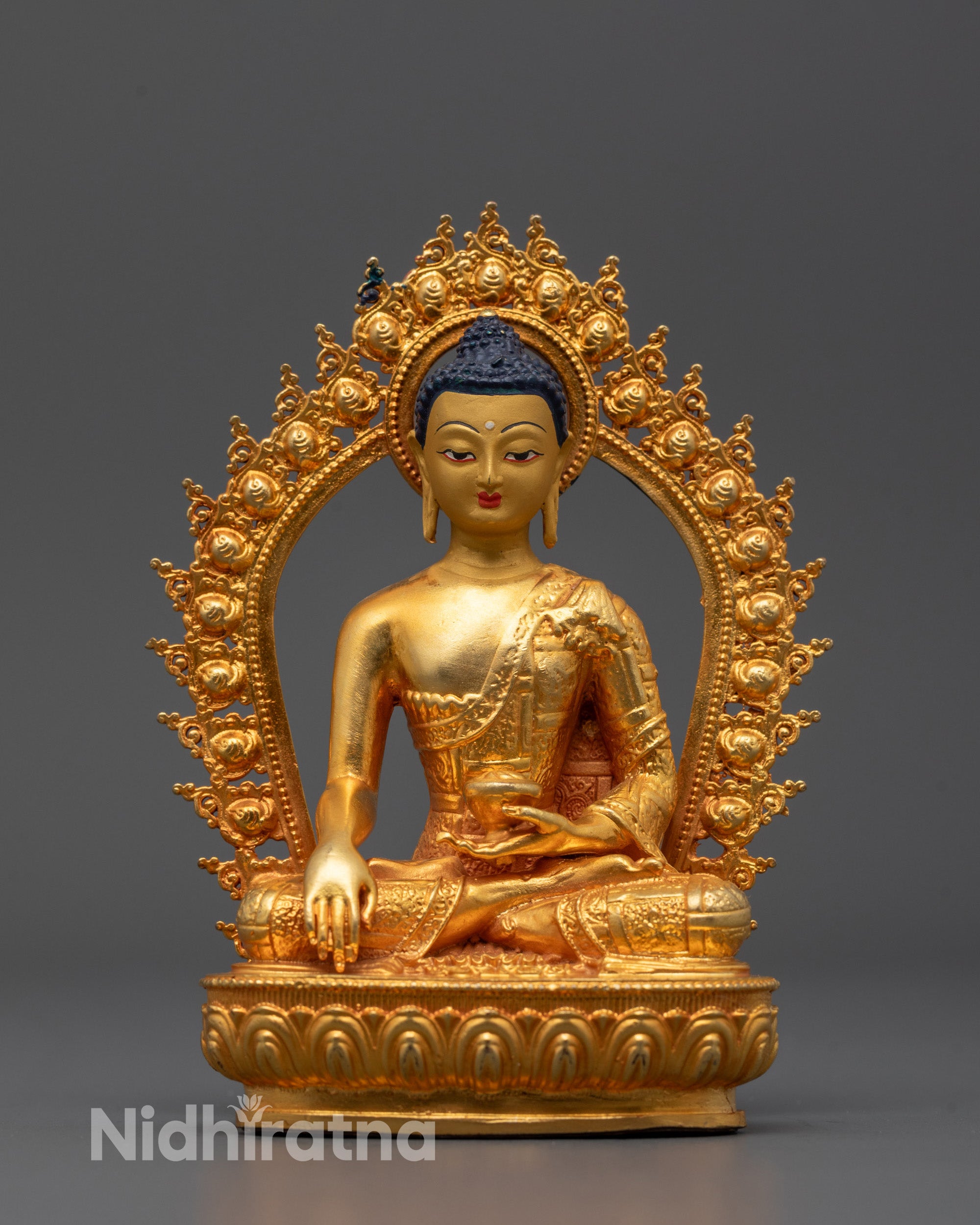 Machine-made Shakyamuni Buddha Statue seated on lotus base with 24k gold gilded copper