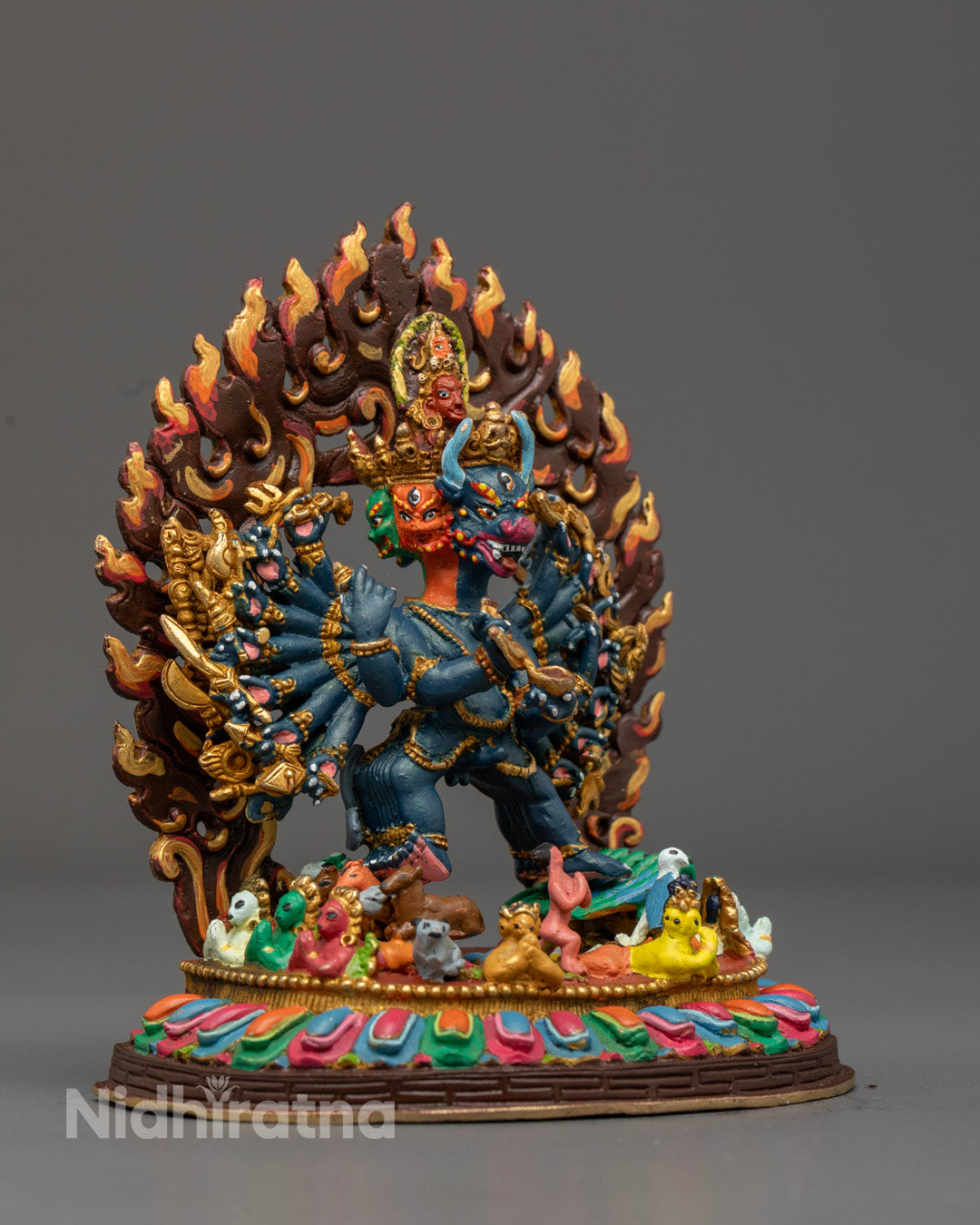 Yamantaka Statue crafted in Nepal, highlighting traditional lost wax casting and decorative multi-color painting.