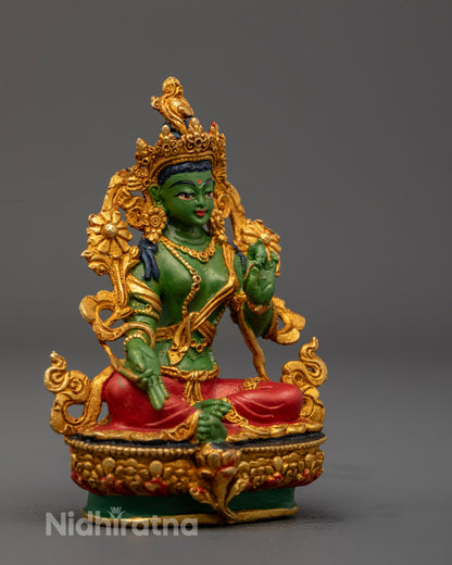Machine electroplated Green Tara sculpture in royal ease pose, offering calm, protection, and swift help for altar or sacred space