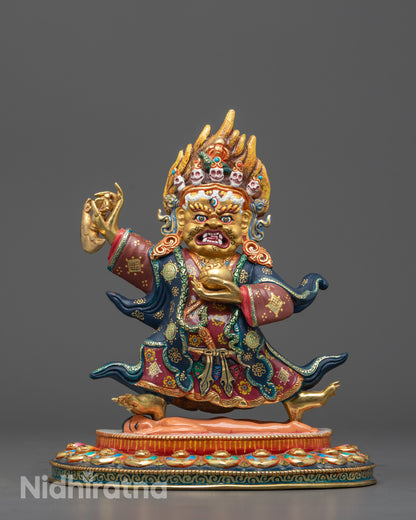 Tibetan Mahakala Bernagchen Statue with Crown and Flames