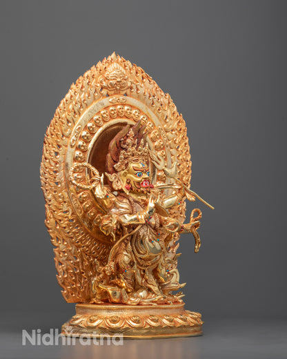 Side view of Traditional Tibetan Six Armed Mahakala Statue featuring a hollow chamber for consecration
