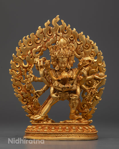 Mahakala Bernagchen protector deity figurine, machine-made Nepalese statue with 24K gold fire-gilding