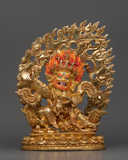 Mahakala Bernagchen statue handcrafted by Newar artisans, gold fire-gilded Nepalese art