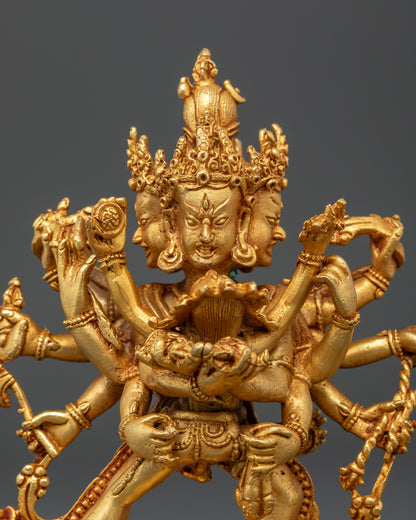 Mahakala Bernagchen with consort holding vajra and bell, gold-plated Nepalese Buddhist altar sculpture