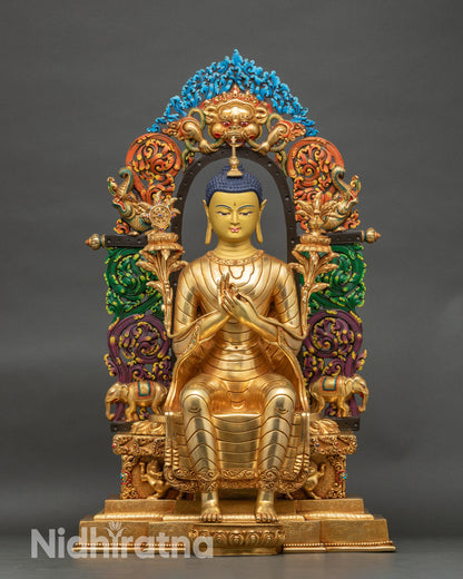 Maitreya Buddha full statue, gold fire‑gilded copper Bodhisattva on lotus, teaching gesture and sacred vase