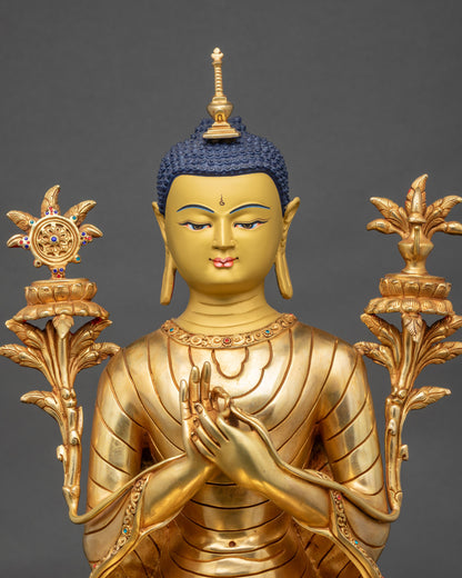 Maitreya Buddha statue close up, Nepalese gold fire‑gilded copper Bodhisattva smiling compassionately