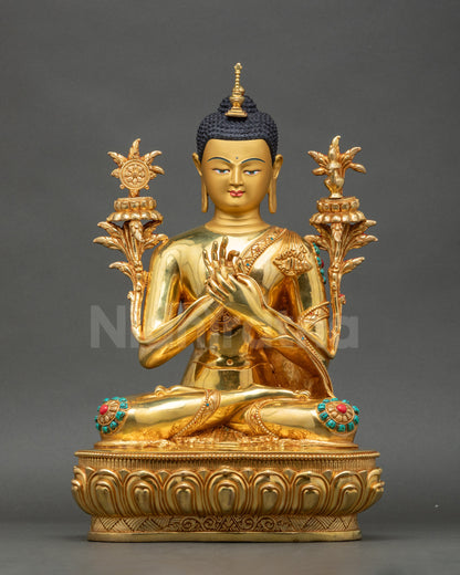 Maitreya Buddha statue on lotus pedestal, handcrafted Nepalese copper with gold finish