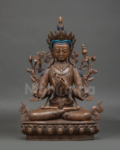 Maitreya Buddha statue semi-precious stone detailing oxidized copper
