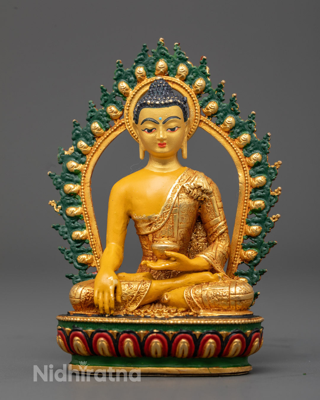 Majestic Shakyamuni Buddha Statue seated in Bhumisparsha Mudra with gold-plated robe and face