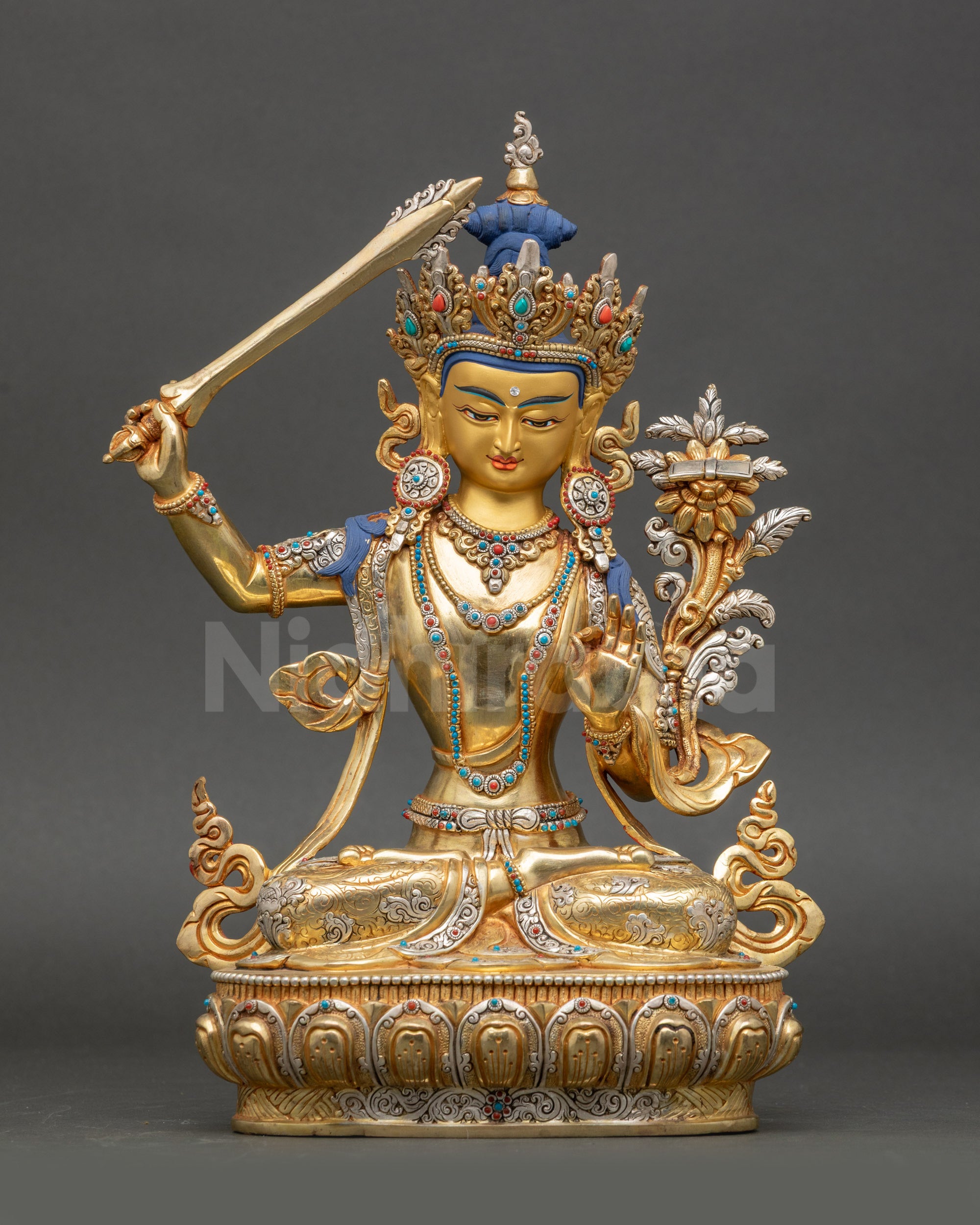 Manjushree Meditation Statue gold and silver plated copper front view