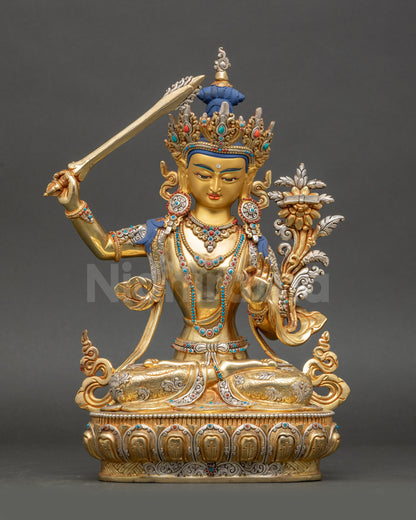 Manjushree Meditation Statue gold and silver plated copper front view