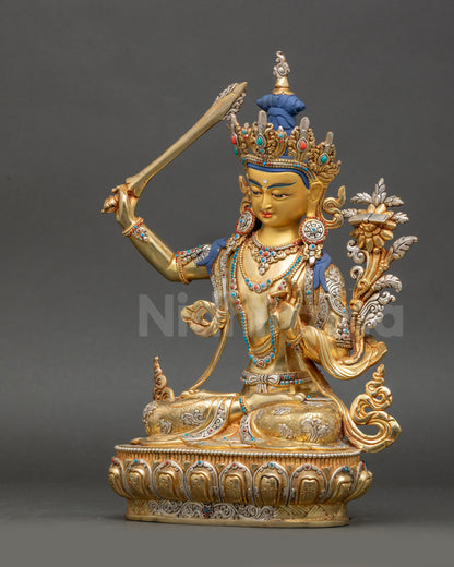 Manjushree Meditation Statue left side view lotus seat and garments