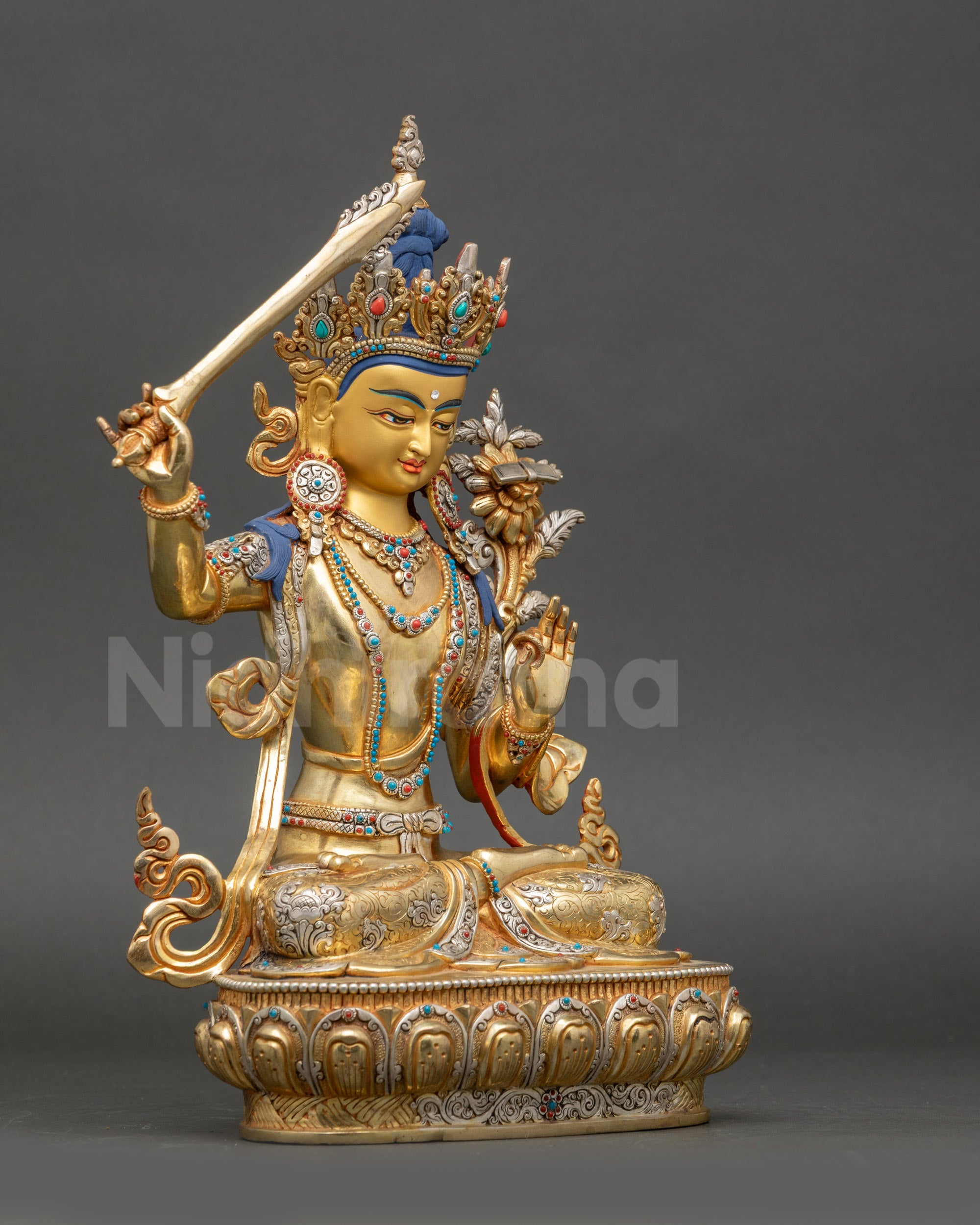 Manjushree Meditation Statue right side view with sword and utpala flower