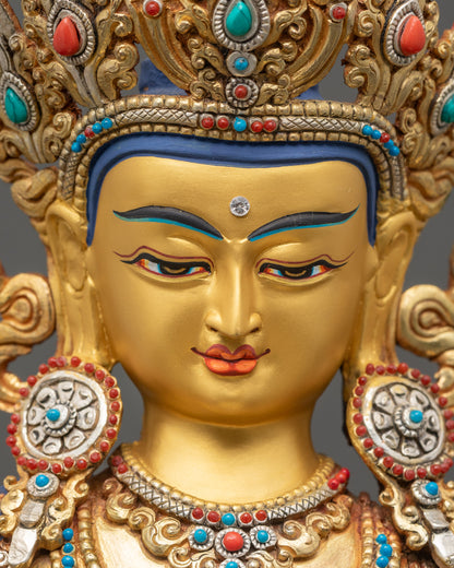 Manjushree Meditation Statue serene gold-gilded face close up