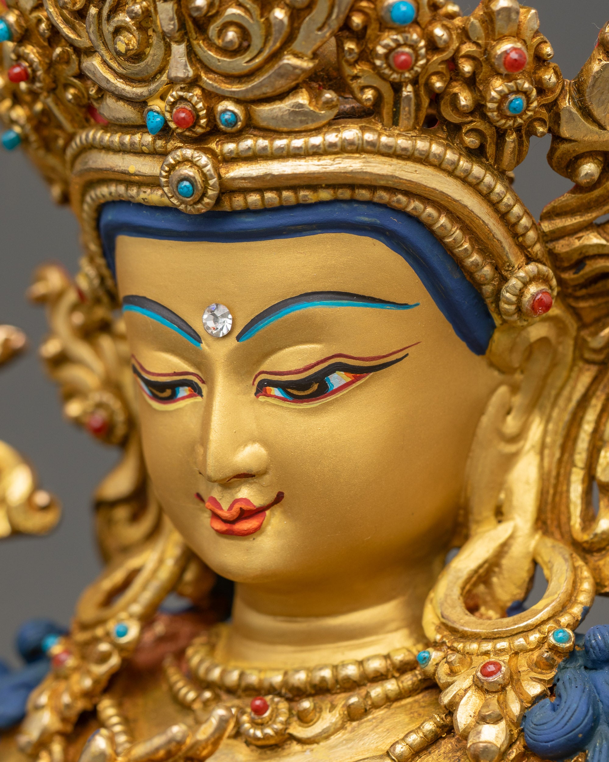 Detail of Manjushree full crown and floral motif halo adorned with semi-precious stones