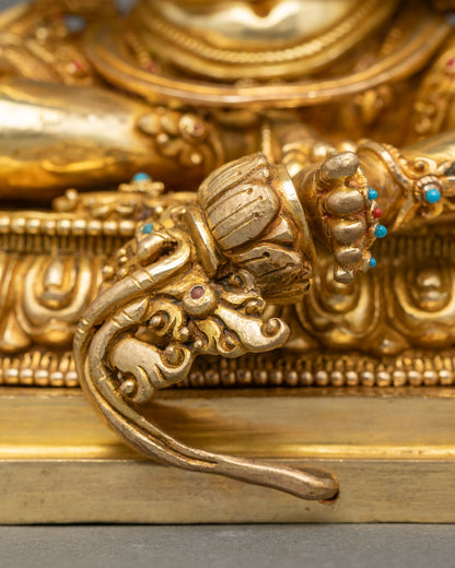 Manjushree Altar Sculpture seated in royal ease pose atop lotus flower pedestal performing dharmachakra mudra