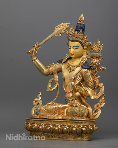 Premium gold-gilded Manjushri statue holding Prajnaparamita and wisdom sword, ideal for collectors and practitioners