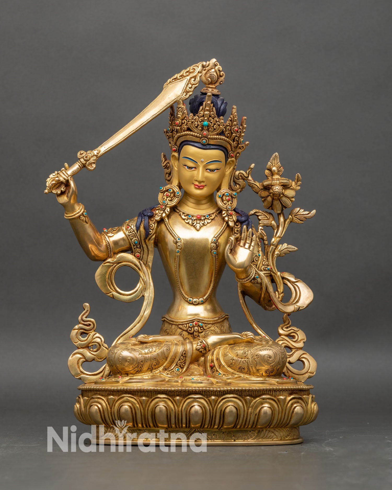 Manjushri Bodhisattva statue front view, 24K gold fire-gilded copper from Nepal